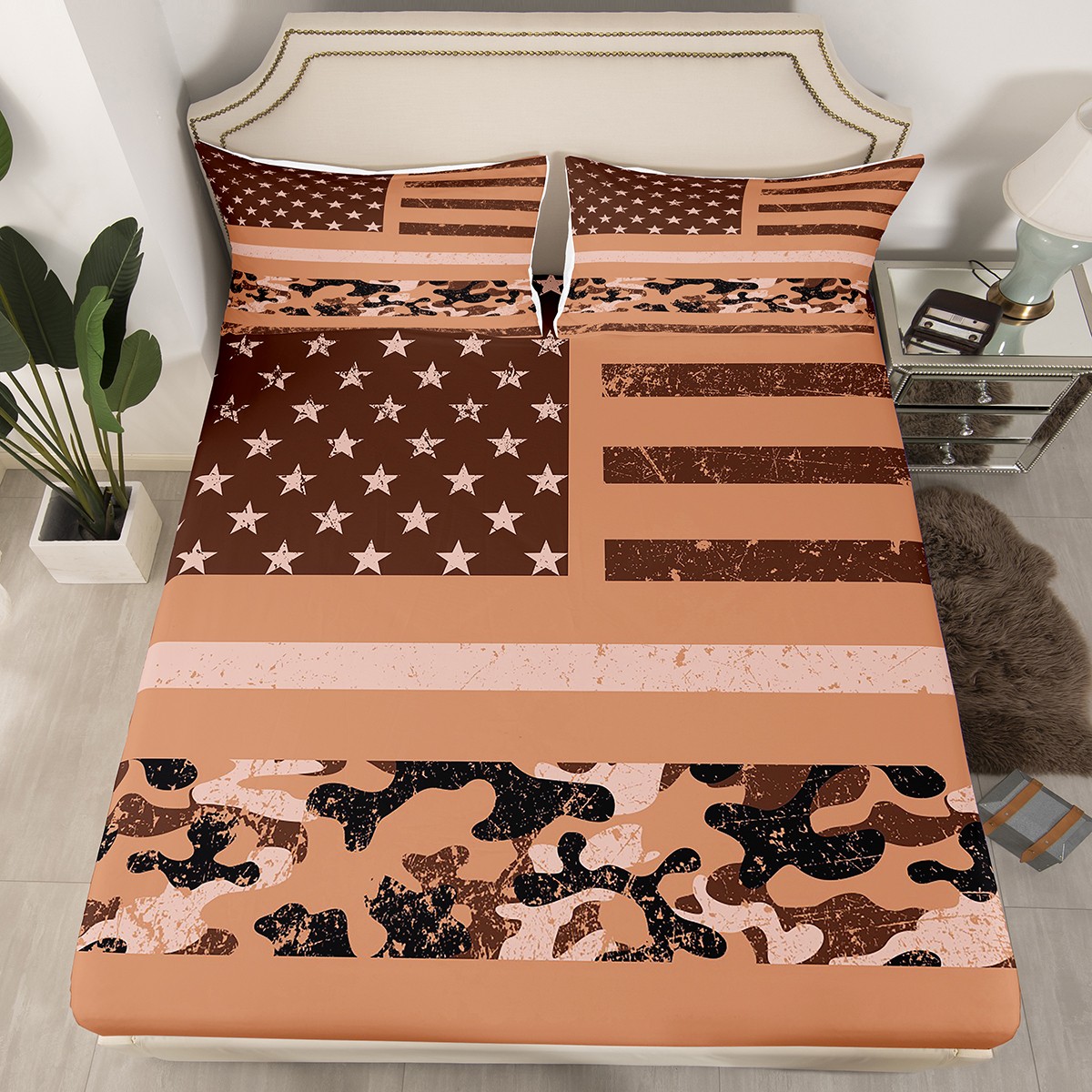 American Flag Camouflage Fitted Sheet Geometric Stars Stripes Bed Set