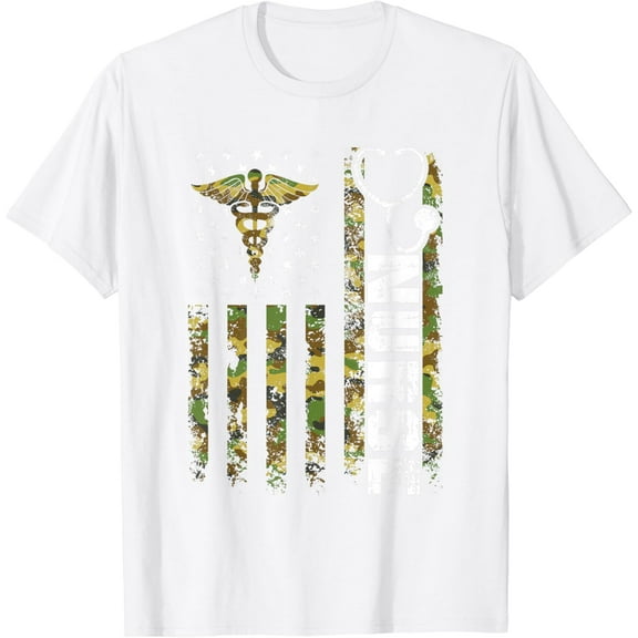 American Flag Camouflage Nurse Patriotic 4th Of July T-Shirt100% pure cotton white short-sleeved T-shirts for men and women