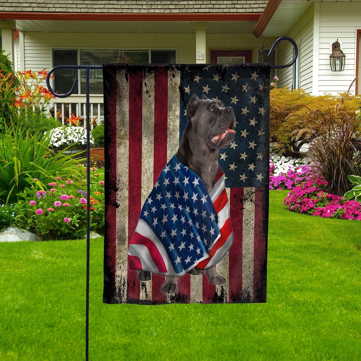 American Flag with Cane Corso Dog stand under the cross Patriot Patriotic 4th of july House Flag, Double-Sided Decorative Outdoor Flag, Patriotic Polyester Yard Flag 29.5 x 39.5 in