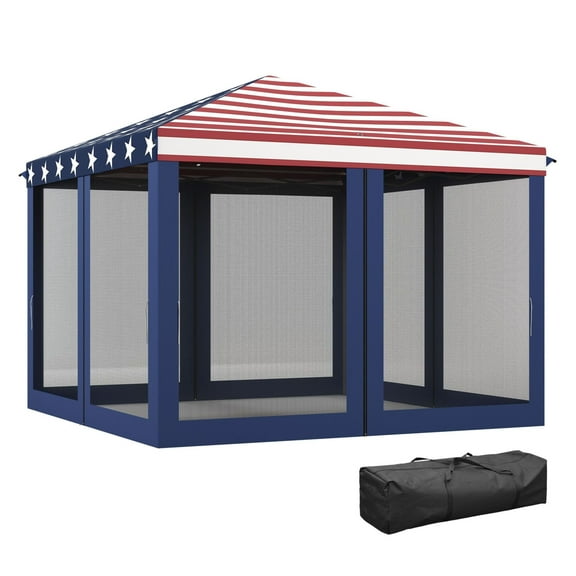 American Flag Canopy 10x10 - Pop Up Gazebo Tent with Mesh Sidewalls - Outdoor Shade for Parties, BBQs, Vendor Events - Red, White & Blue