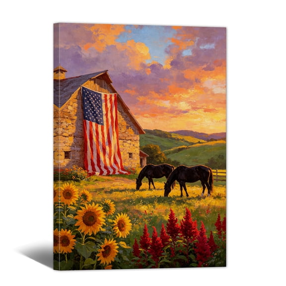 American Flag Canvas Prints - 4th of July Patriotic Canvas Wall Art Vintage Rural Scenery Animal Paintings for Living Room Bathroom Bedroom Home Office Decor