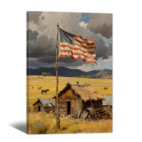 American Flag Canvas Wall Art - 4th of July Canvas Prints, Modern Patriotic Farmhouse Oil Paintings for Living Room Bathroom Bedroom Home Office Decor
