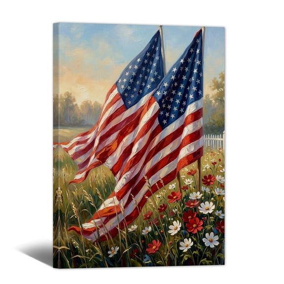 American Flag Canvas Wall Art, 4th of July Independence Day Canvas Print, Summer Wall Decor with US Flag, Patriotic Stencils Style Flag Picture, July 4th Wall Art for Home Office