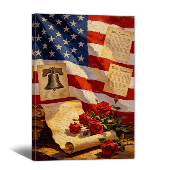 American Flag Canvas Wall Art, 4th of July Patriotic Canvas Print, Vintage Landscape Paintings for Modern Home Living Room Bedroom Office Decor
