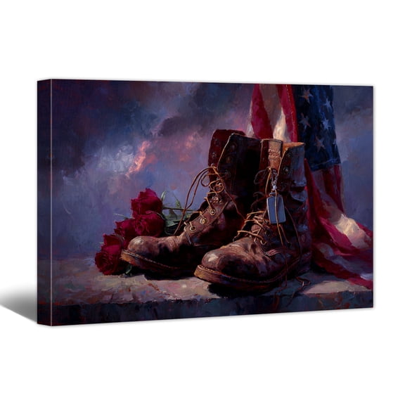 American Flag Canvas Wall Art - Military Boots Canvas Print 4th of July Patriotic Paintings, Americana Vintage Artwork for Living Room Bedroom Home Office Decor