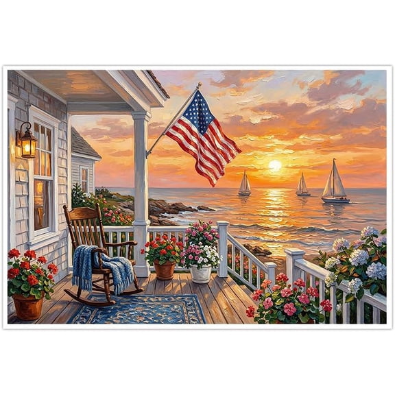 American Flag Canvas Wall Art Ocean Sunset Beach House Porch with Sailboats Patriotic Coastal Landscape Painting for Living Room Bedroom Home Office Wall Decor