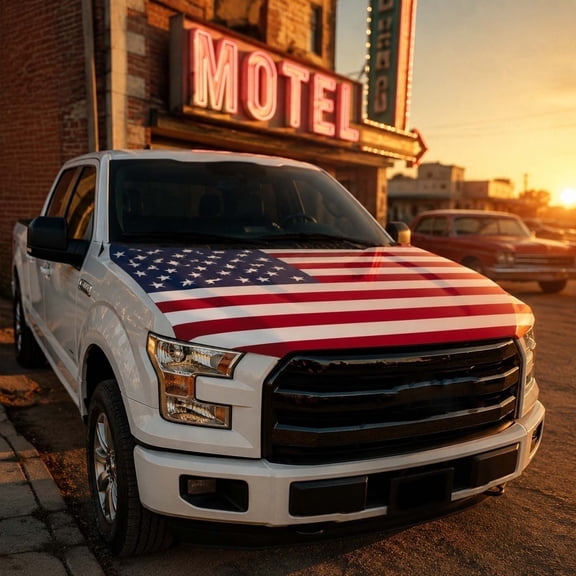 American Flag Car Hood Cover, 61x50 Inch Patriotic Auto Hood Protector, Made from Stretch Waterproof Polyester, Fits Trucks, SUVs, Mid-Size Sedans, for Presidents' Day, Memorial Day & Parades
