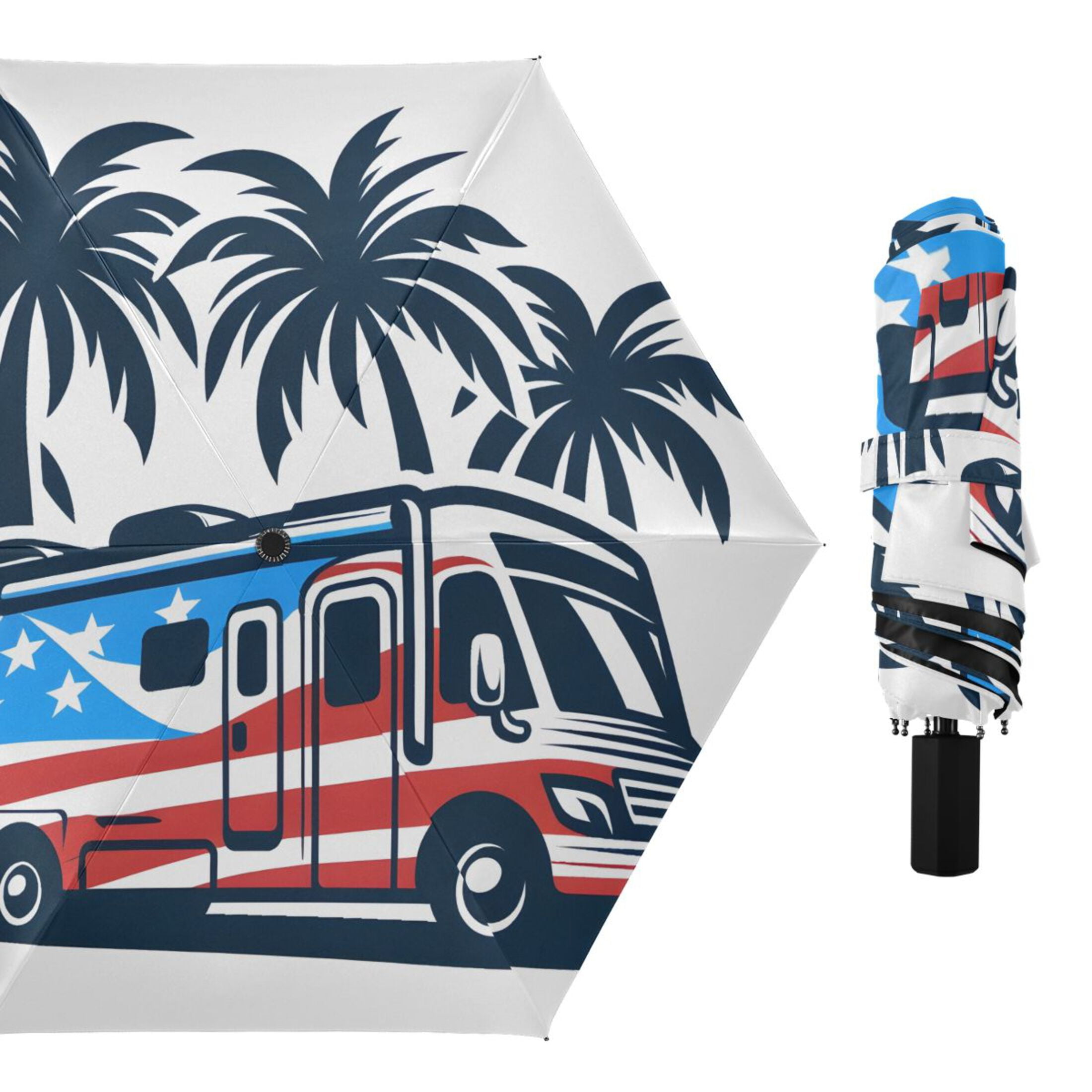American Flag Car with Trees Compact Sun Umbrella Windproof Travel Umbrellas for Rain Strong Portable UV Protection