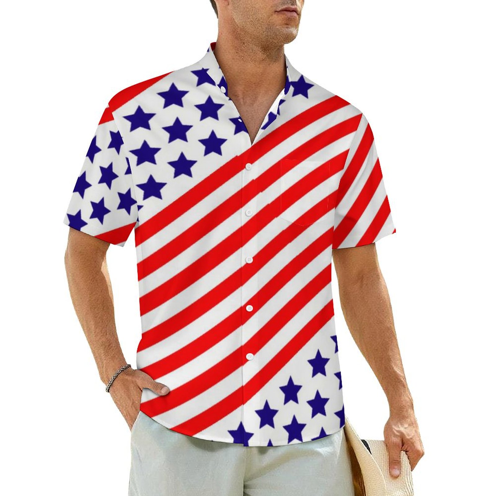 American Flag Casual Shirt 4th of July Blue Red Stripe Elegant Summer ...