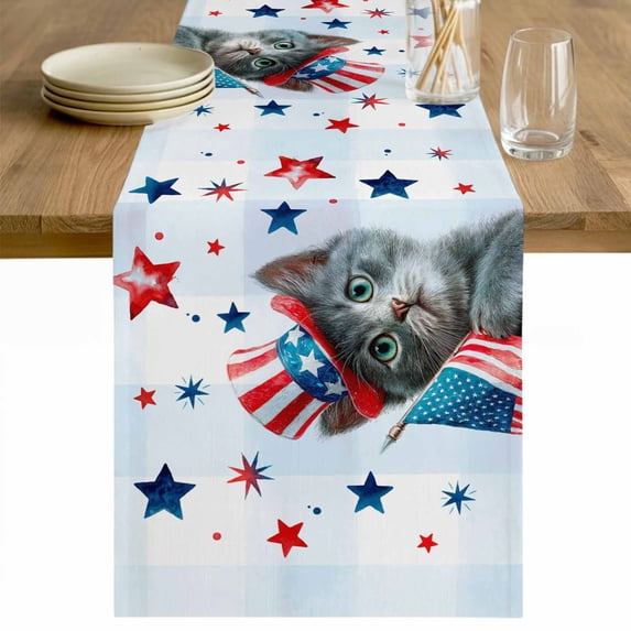 American Flag Cats Table Runner - 60 Inch Long Red Blue Patriotic Stars ...