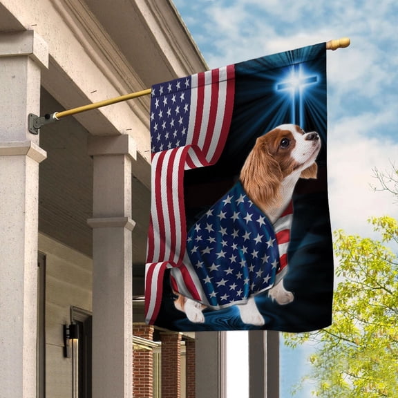 Cavalier King Charles Spaniel Dog Wearing Flag American Faith Cross 4th of july, Dog Decor American Flag House Flag, Double-Sided Decorative Outdoor Flag, Patriotic Polyester Yard Flag 29.5 x 39.5 in