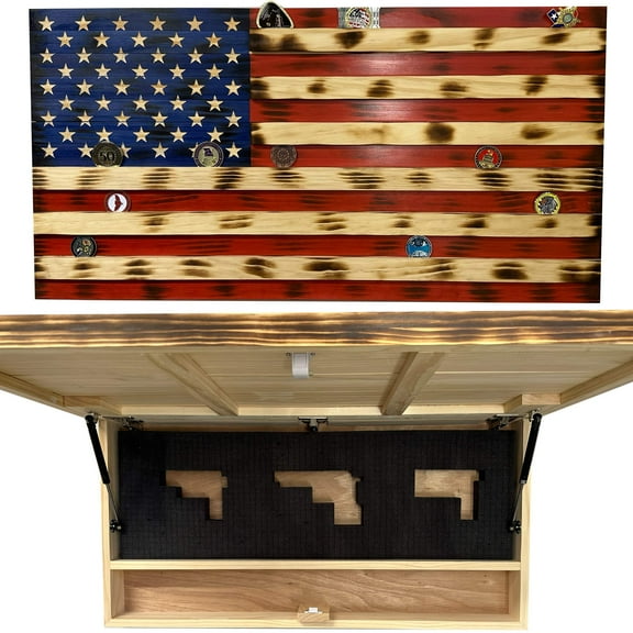 American Flag Challenge Coin Display and Hidden Gun Cabinet, Military Coin Holder Holds 100 Coins by Bellewood Designs