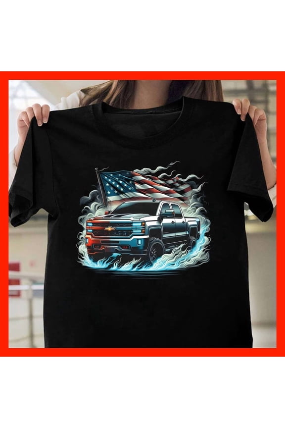 American Flag Chevrolet Silverado Truck Smoke Flames Patriotic T-Shirt T196, Softstyle for Unisex, Extended Sizes Up to 5XL