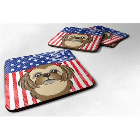 American Flag & Chocolate Brown Shih Tzu Foam Coaster, Set of 4