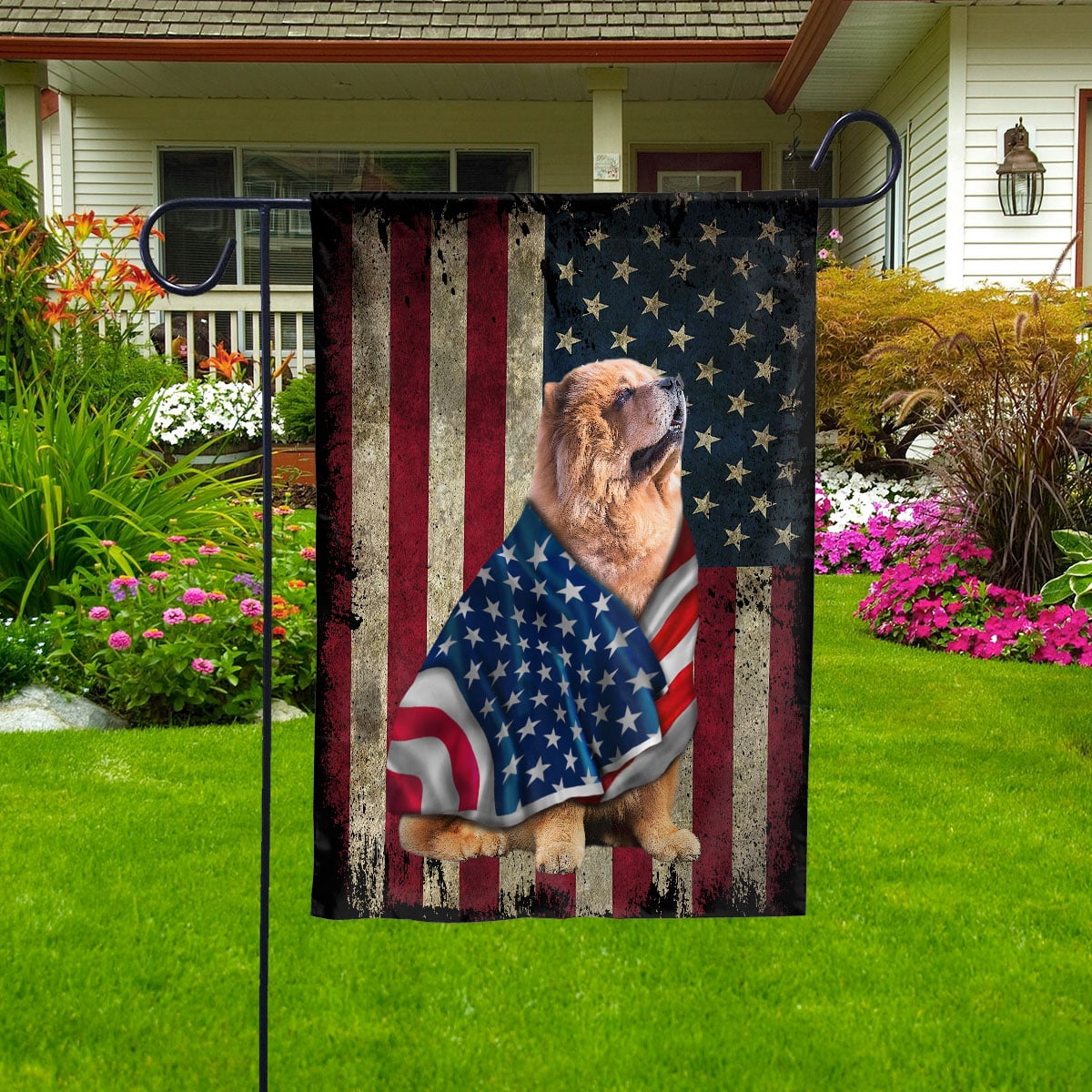 Bandiera Americana Con Chow Chow – Double Sided – Poliestere – 27,9 X 38,1 Cm (Large)