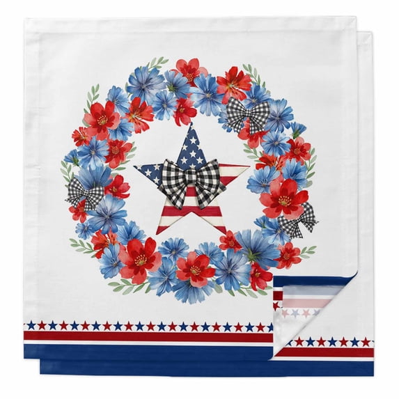 American Flag Cloth Napkins, Blue Red Flowers Patriotic 4th of July Washable and Reusable Dinner Napkins Set of 2, Table Napkin for Kitchen Party Birthday Wedding Hotel Housewarming 20"x20"