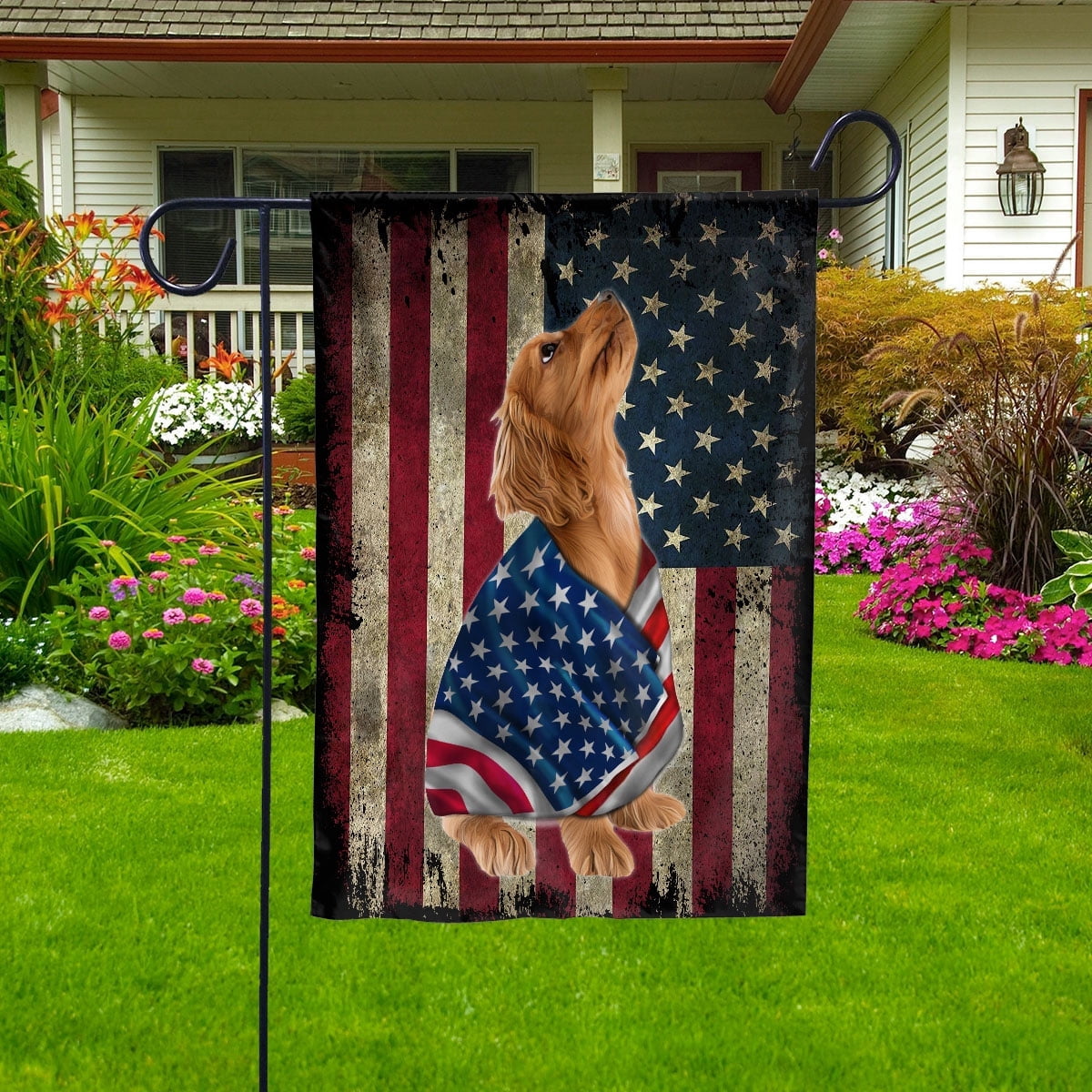 American Flag with Cocker Spaniel Dog stand under the cross Patriot Patriotic 4th of july Garden Flag, Double-Sided Decorative Outdoor Flag, Patriotic Polyester Yard Flag 12 x 18 in