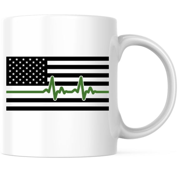 American Flag Coffee Mugwith Green Heartbeat Coffee Mug - Thin Green Line Magnet - 11 Ounce Coffee Mug - White Interior & Handle - Design Printed On Both Sides - Glossy Ceramic - BMCM01201