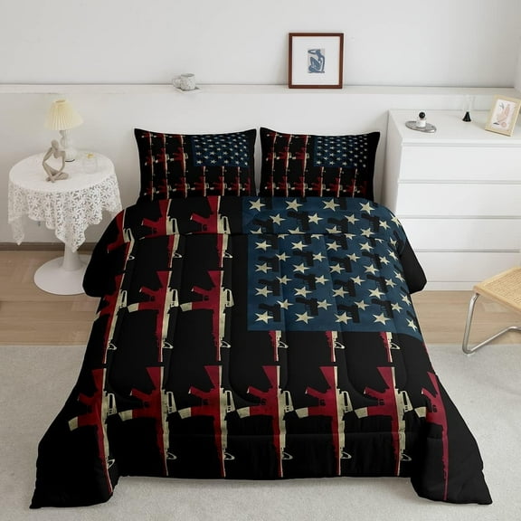American Flag Down Comforter Full,Vintage Soldier Guns Comforter Set Military USA National Flag Bedding Set Shooting Weapon Duvet Stuffing Retro Army Weapons Stars and Stripes Theme Room Decor