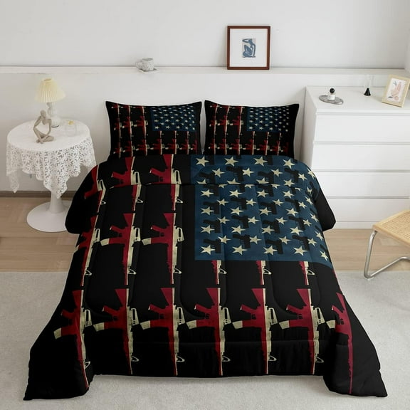 American Flag Down Comforter Queen,Vintage Soldier Comforter Set Military USA Flag Bedding Set Duvet Stuffing Retro Army Stars and Stripes Theme Room Decor