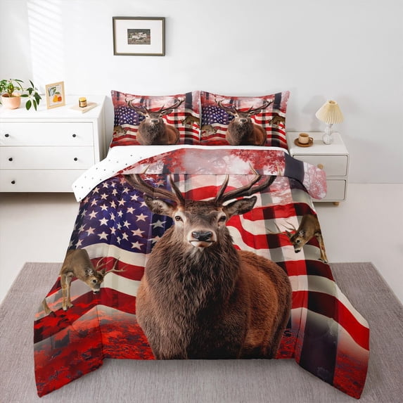 American Flag Comforter Set, Cute Deer Down Comforter Twin Teens, United States Bedding Set USA Federations Stars Duvet Sets Geometric Stripes Bedroom Decor with 1 Pillowcase