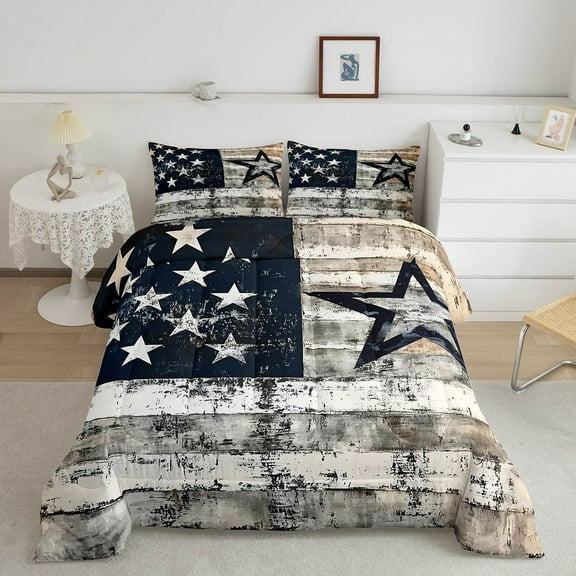 American Flag Comforter Set Full Size,Dark Blue Stars Striped Bedding Sets,Vintage Wooden Door Quilt Set Teens Adult Men Room Decor,American Football Duvet Insert,2 Pillowcases