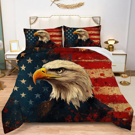 American Flag Comforter Set Queen Size American Flag with Bald Eagle's Head in Center 3D Print Bedding Set Fashion Soft Kids Adult Bedroom Quilt Set with 2Pillowcases