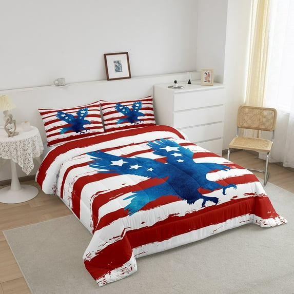 American Flag Comforter Set Queen Size, Eagle Bird Animal Bedding Stars and Stripes Bedding Comforter Sets USA Memorial Day Quilt, American Freedom Independence Day Duvet Set with 2 Pillowcases
