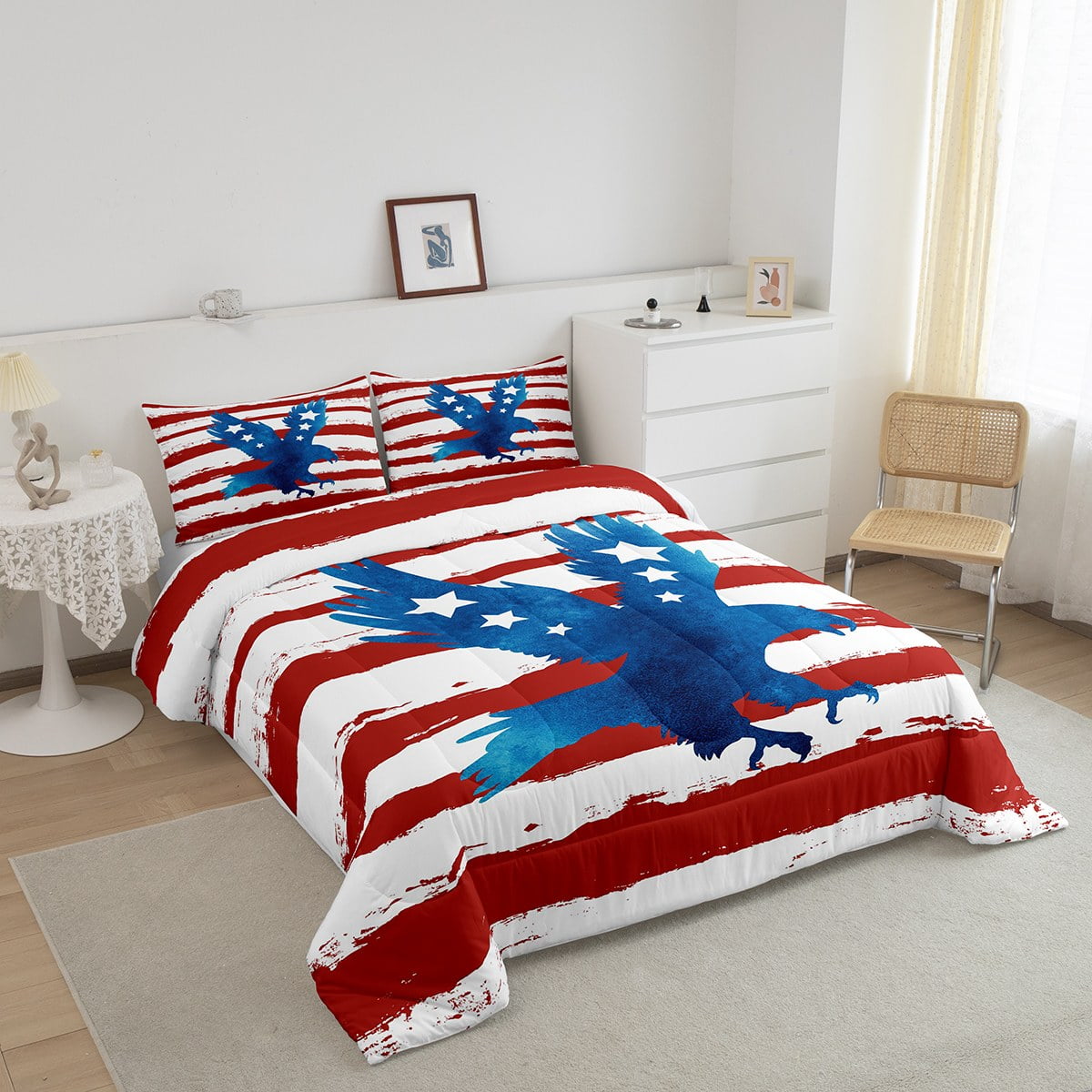 American Flag Comforter Set Queen Size, Eagle Bird Animal Bedding Stars