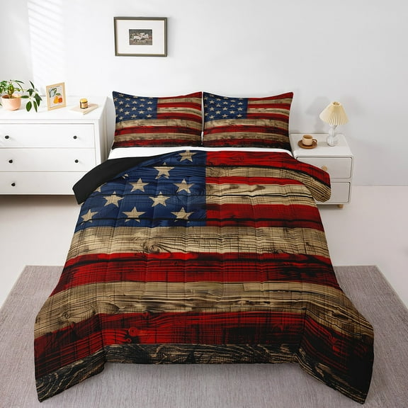 American Flag Comforter Set Queen Size Gift,Wooden Planks Painted as USA Flag Patriotic Country Style,Room Decorative Quilt Set,Ultra Soft