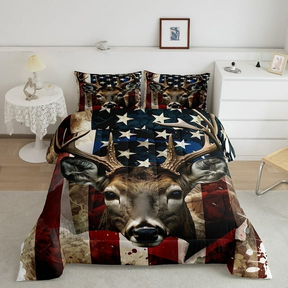 American Flag Comforter Set, Rustic Deer Bed Comforter Queen Teens, United States Bedding Set Stars and Stripes Duvet Sets Geometric Stripes Quilt Elk Wild Animal Print Bed Set 3Pcs