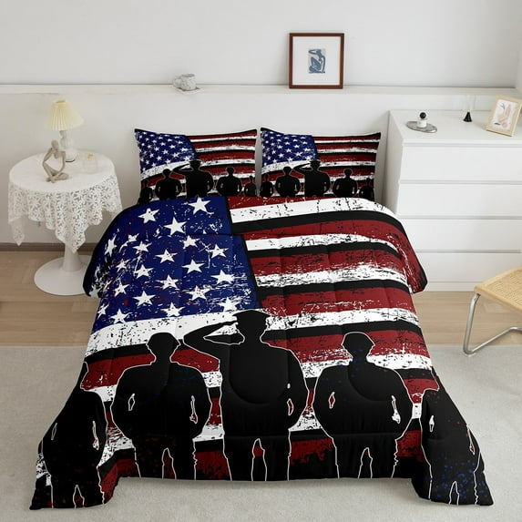 American Flag Comforter Set Soldier Silhouettes Bedding for Veteran'S Day,Vintage White Blue Red Stars and Stripes Comforter Military Army Style Down Comforter for Soldiers Husband Youth Teens,Twin