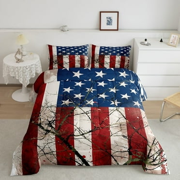 American Flag Comforter Set Stars and Stripes Full Bed Comforter Set, Wooden Branches Rustic Decor Duvet Set Retro Grunge USA Flag Bedding Set for Teens Youth Bedroom,1 Comforter 2 Pillowcases