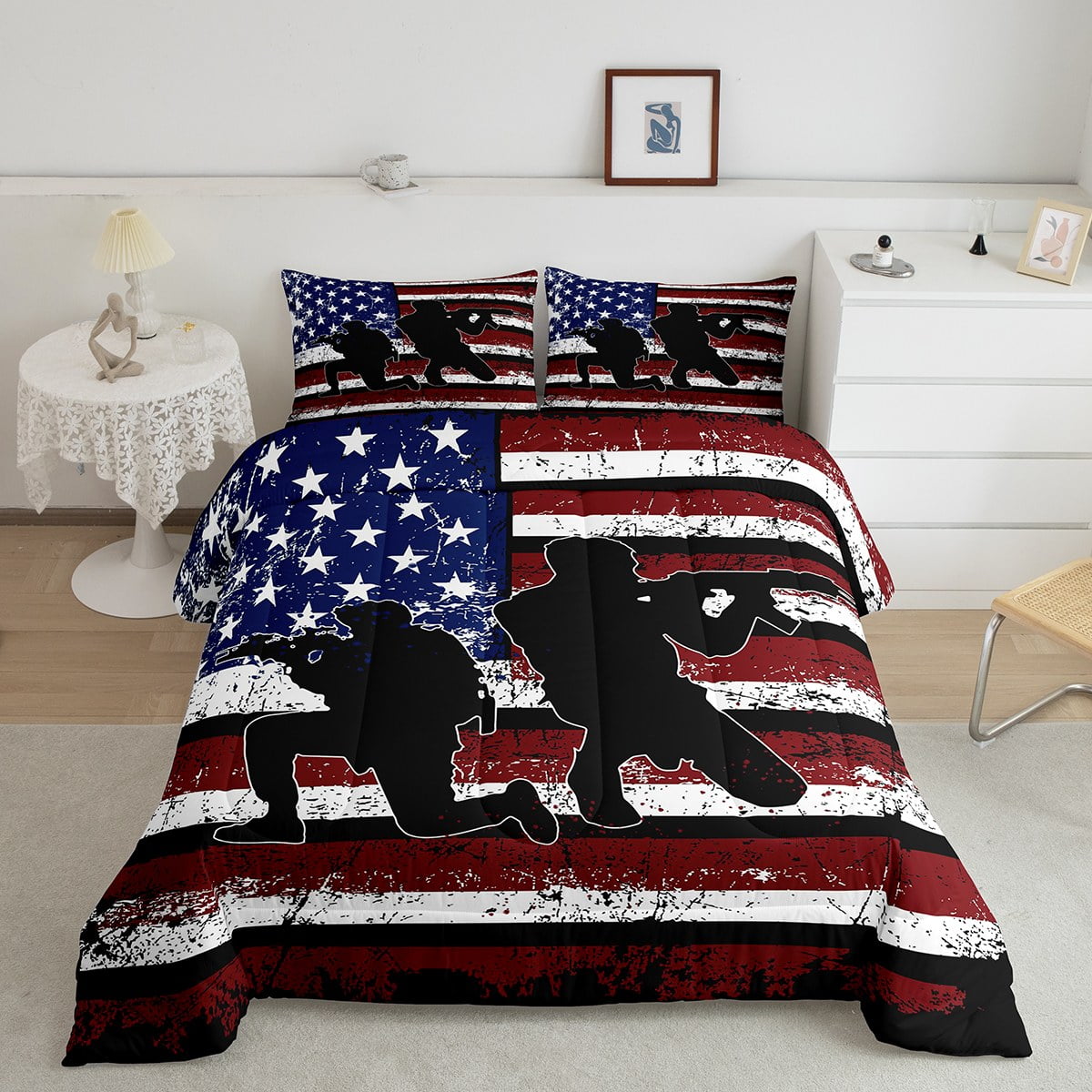 American Flag Comforter Set Teen Boy Bedding Vintage Army Soldier