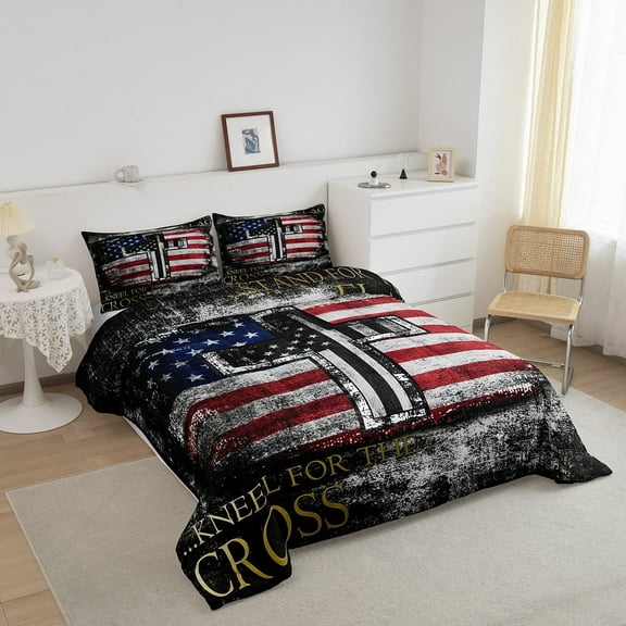 American Flag Comforter Set for Teen Camo Black White USA Flag Bed Comforter Set 3 Pieces, The Cross Theme Bedding for Devout Protestant Religious Patriotic Style Duvet Insert Queen Size