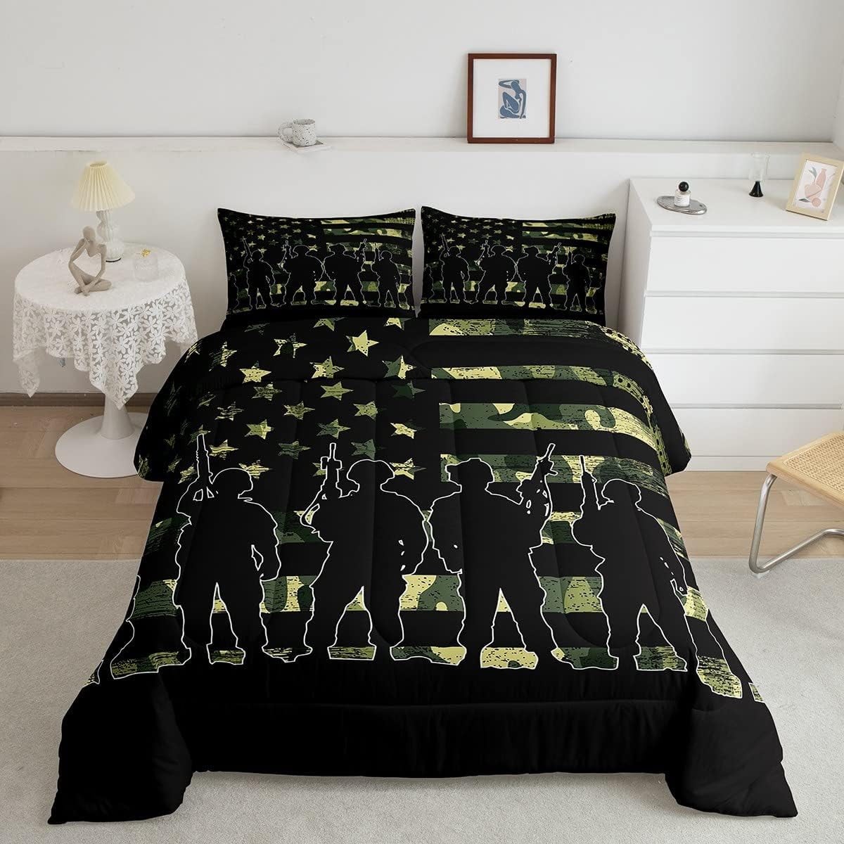 American Flag Comforter Set Twin for Boy Teen Armygreen Camouflage Down