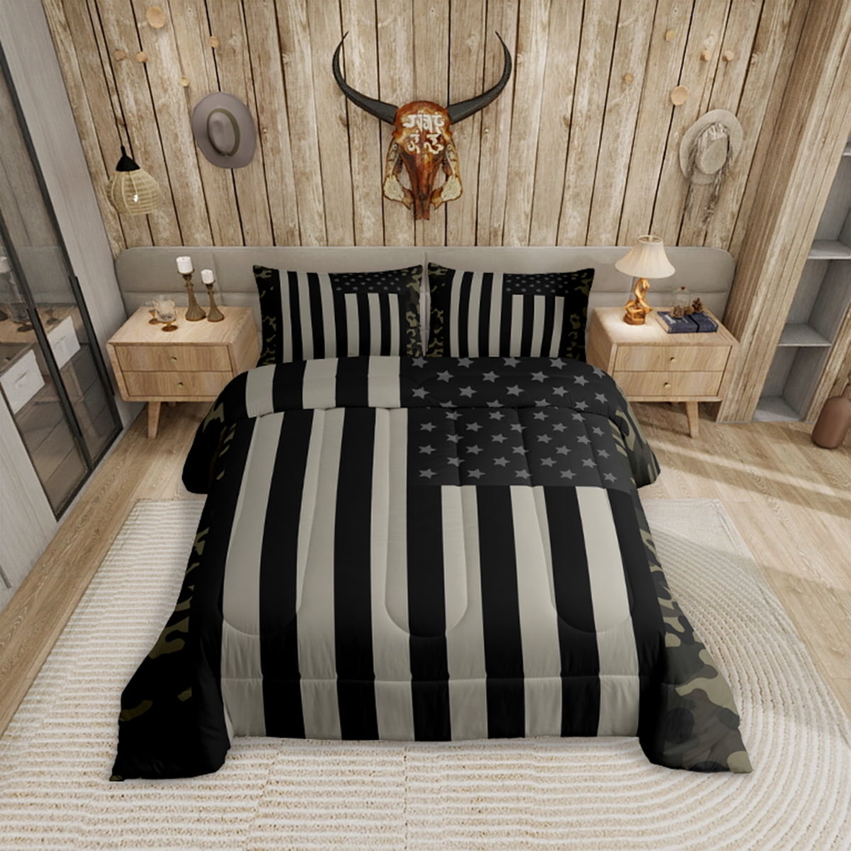 Set Mit 2 Kissenbezügen – Camouflage & Amerikanische Flagge Design, 40,6 X 40,6 Cm, Rustikale Jagd-Optik