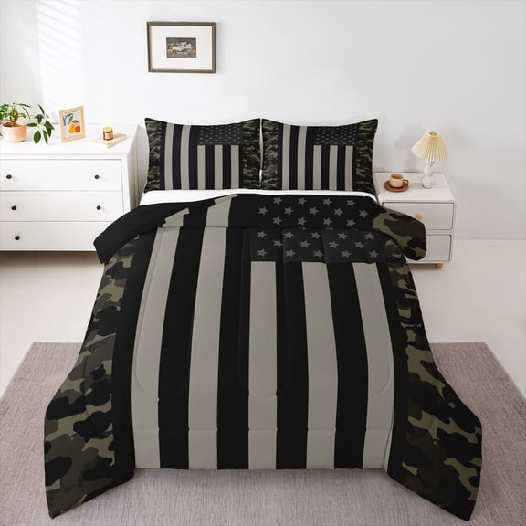 American Flag Comforter Set Twin Military Camo Down Comforter,Retro Army Green Camouflage USA Flag Bedding Set Teens Men Bedroom,Black Grey Stars Stripes Quilt Duvet Set 1 Pillow Case