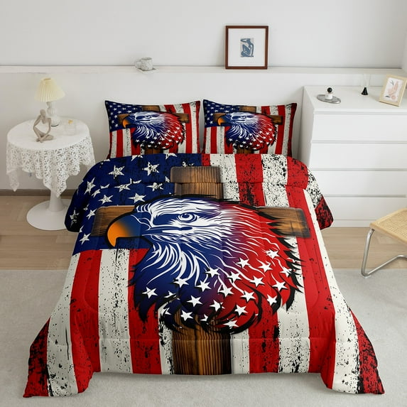 American Flag Comforter Set Twin Size,Cartoon Eagle Bedding Set 2Pcs Adult Men Room Decor,Black Graffiti Striped Quilt Set Modern Fashion Duvet Insert,1 Pillowcase