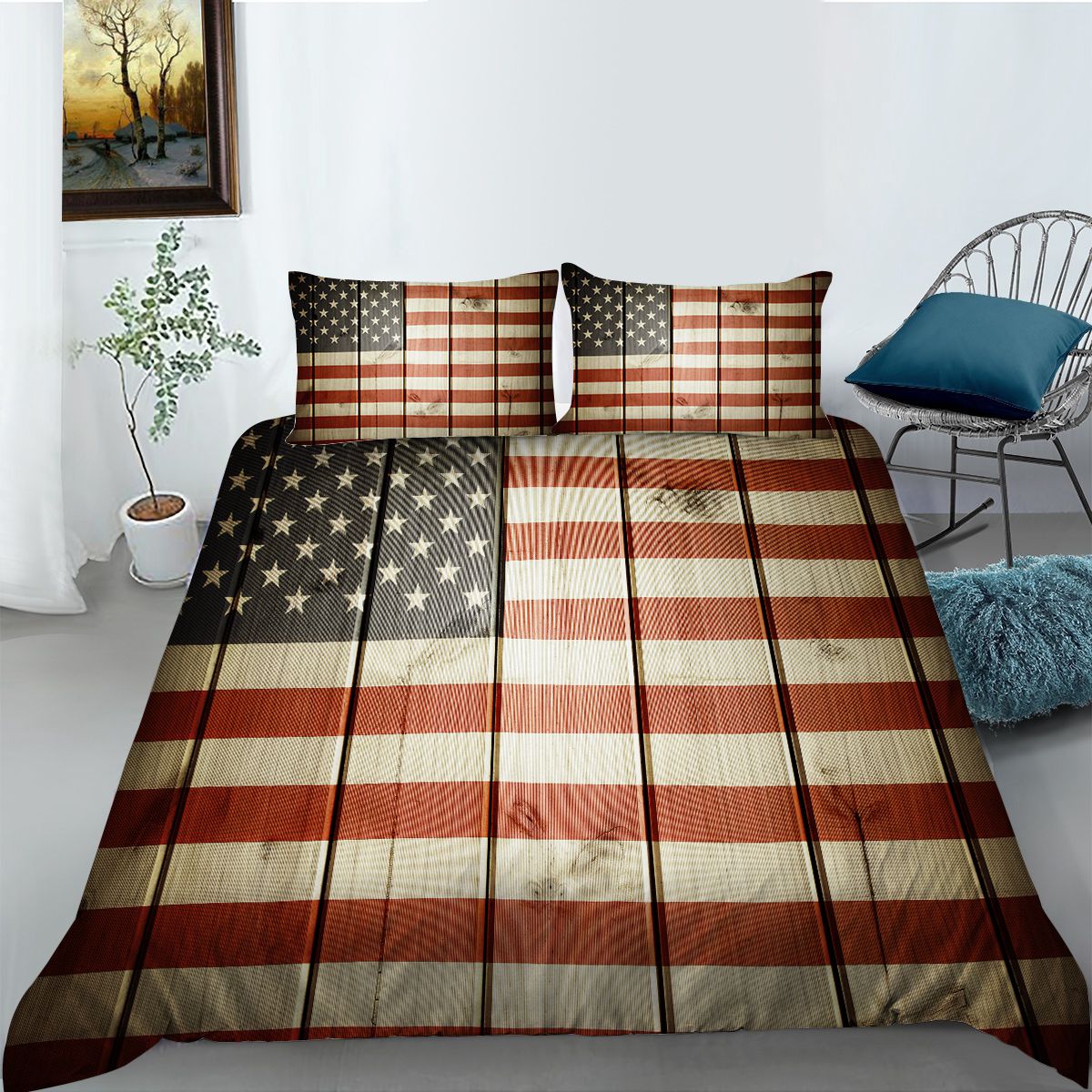 American Flag Comforter Set with Red and White Striped Decorative