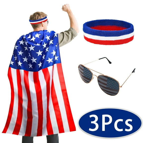 Patriotic Costume American Flag Cape for Adults 4th of July Accessories USA Glasses Headband for Independence Day Party Supplies Design 1