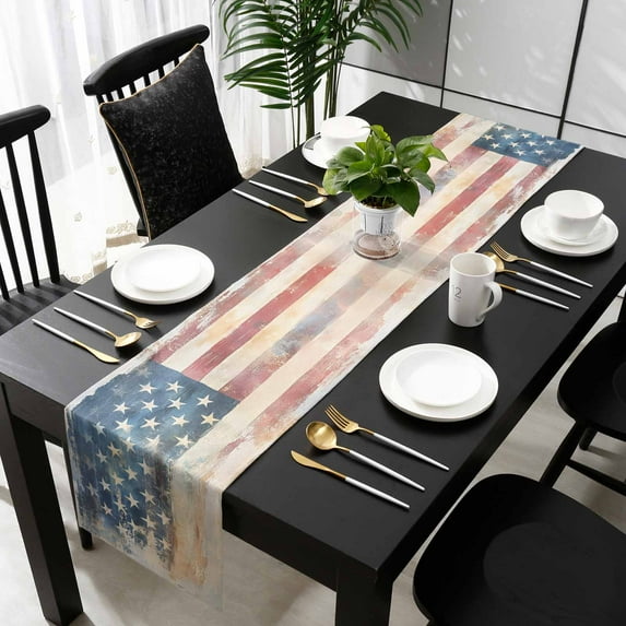 American Flag Cotton Linen Small Table Runner 13 x 36 inch Rustic Star Stripes USA Flag Retro Non-slip Rectangular Dining Table Decor for Wedding Party Holiday Dinner