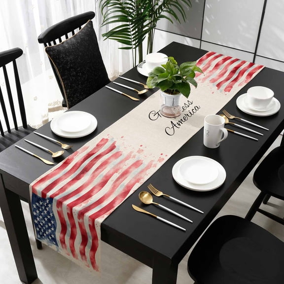 American Flag Cotton Linen Small Table Runner 13 x 36 inch Rustic Watercolor USA Flag Non-slip Rectangular Dining Table Decor for Wedding Party Holiday Dinner