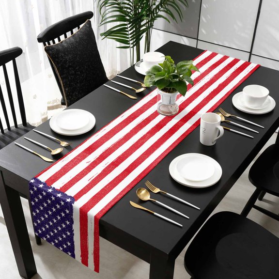 American Flag Cotton Linen Table Runner 13 x 70 inch Retro Rustic Stars And Stripes US Flag Non-slip Rectangular Dining Table Decor for Wedding Party Holiday Dinner