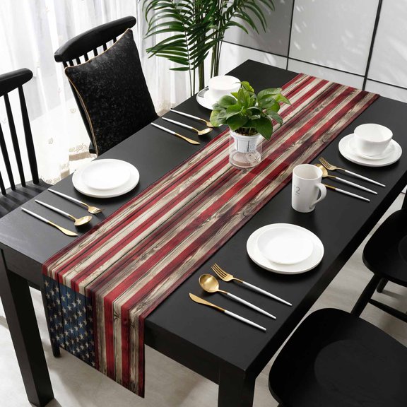 American Flag Cotton Linen Table Runner 13 x 70 inch Stars And Stripes Vintage Wooden US Flag Non-slip Rectangular Dining Table Decor for Wedding Party Holiday Dinner