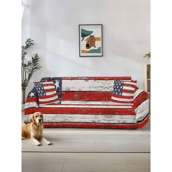 American Flag Couch Cover for Dogs, Red Blue Star Stripes Rustic Farmhouse Wood Washable Sofa Covers Slipcover for Pets Dogs Futon Cover, Couch Recliner Covers, Oversized Chair Slipcover 71"x91"