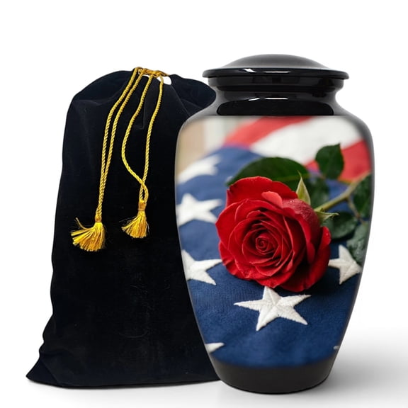 American Flag Cremation Urn for Ashes Adult | Patriotic Funeral Urn with Red Rose | Large Memorial Urn 10.5" with Velvet Bag
