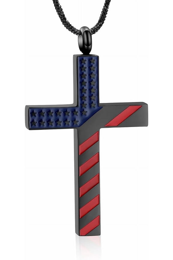 American Flag Cross Cremation Necklace for Ashes Stainless Steel Cross Pendant Urn Necklace Memorial Keepsake Jewelry for Men Women