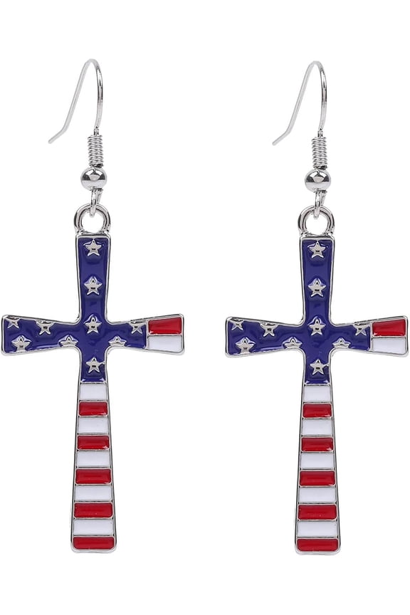 American Flag Cross Earrings - US Flag Dangle Earrings in Silver for Women - Independence Day & 4th of July Patriotic Decorations - E34I[b7765]