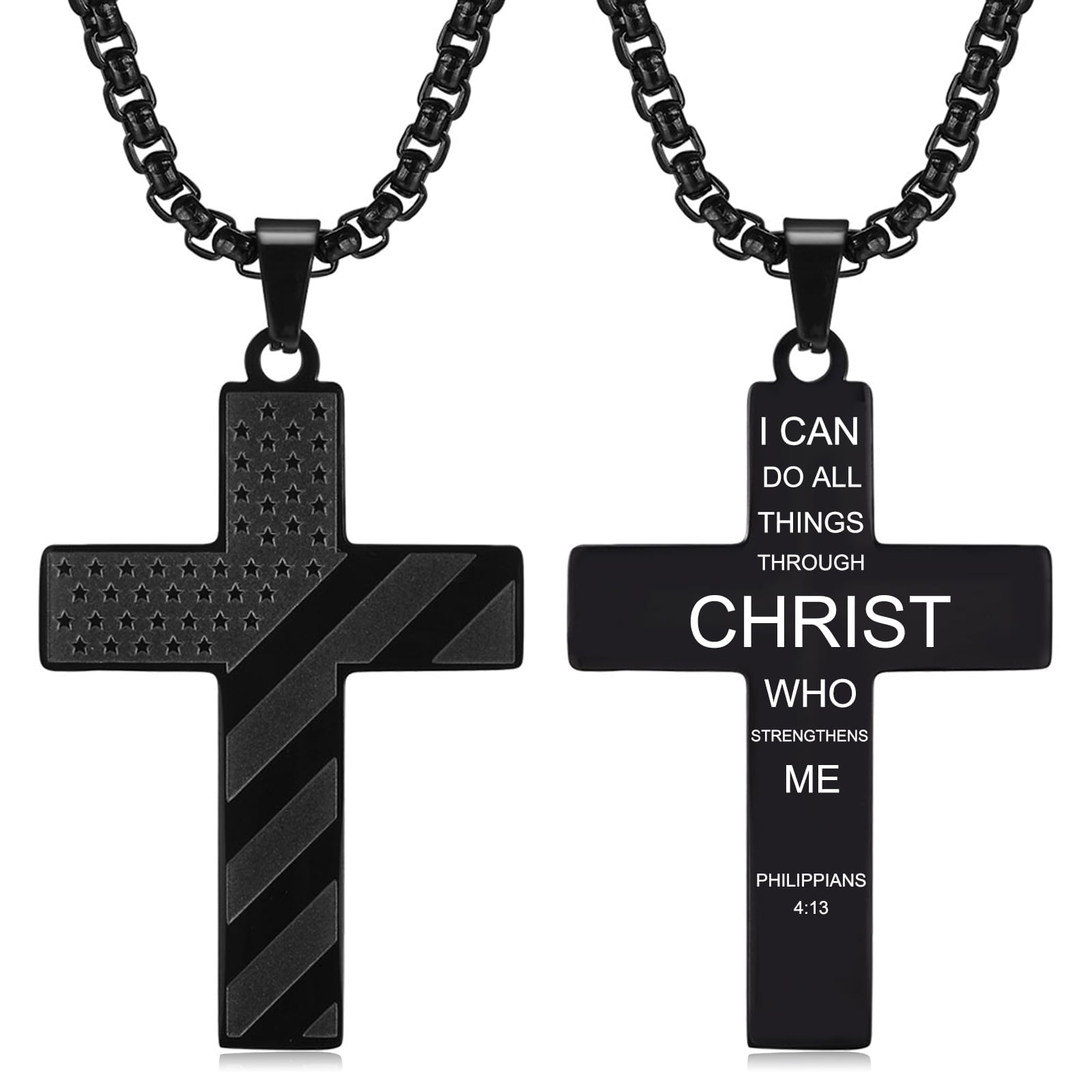 Cross Necklace for Men Boys American Flag Bible Verse Stainless Steel Chain Pendant, Silver